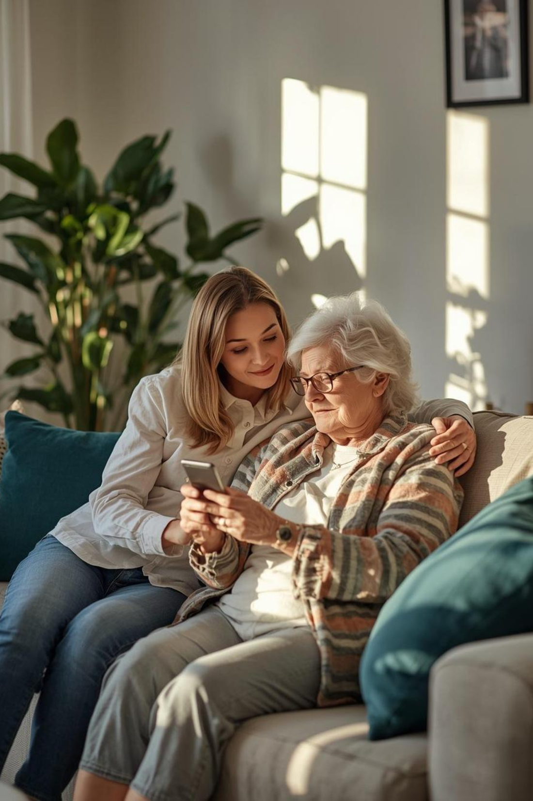 An adult daughter showing her mother visit updates on the Neem app at home