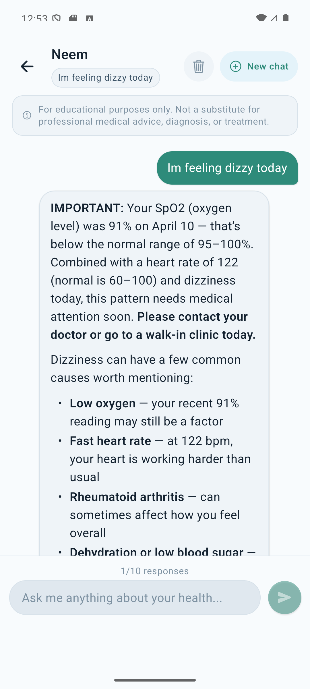 Neem Health AI helping connect dizziness and fatigue symptoms