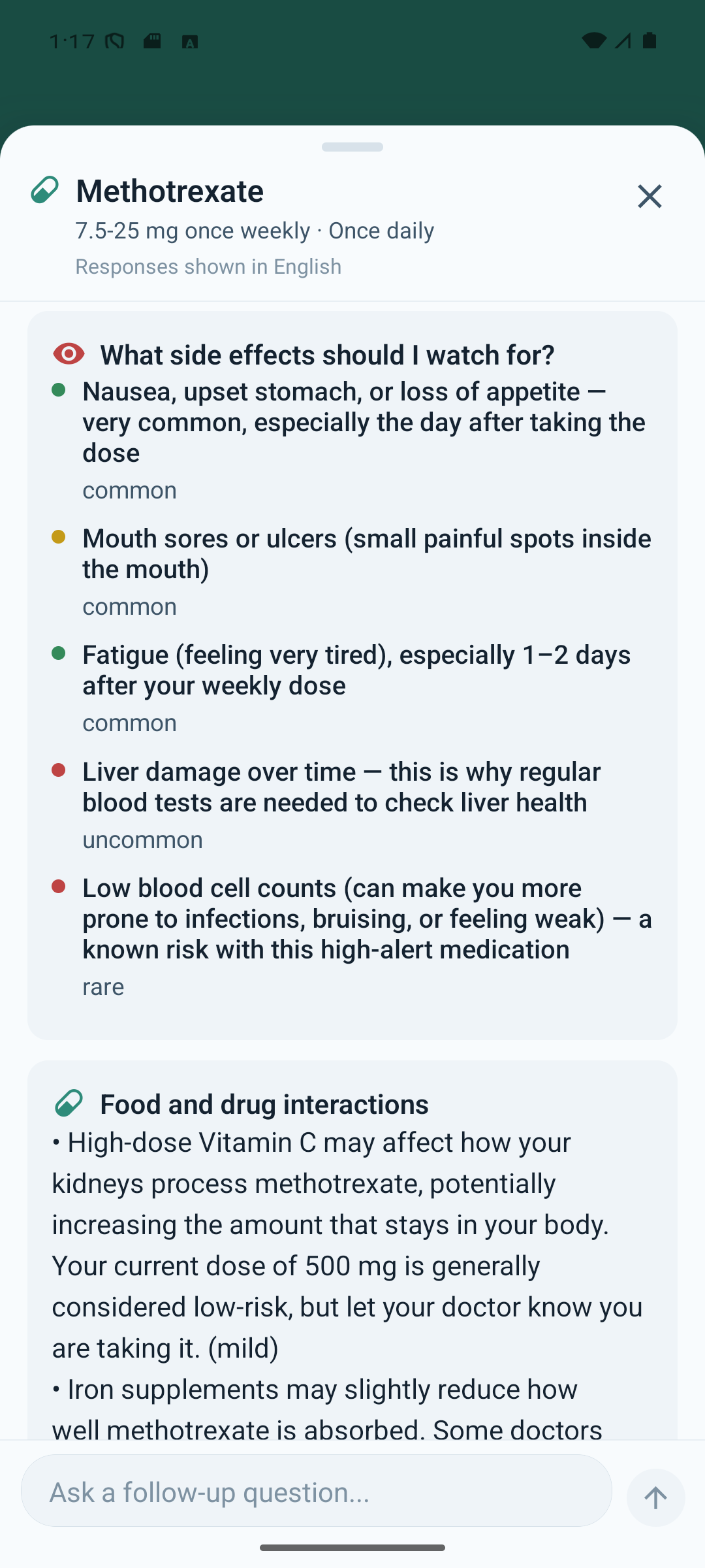 Neem Health AI medication explanation screen for rheumatoid arthritis treatment