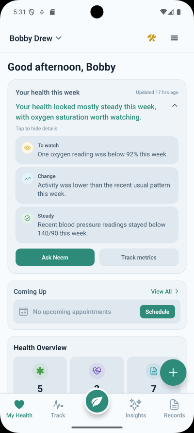 Neem dashboard showing medications, vitals, and health understanding in one place