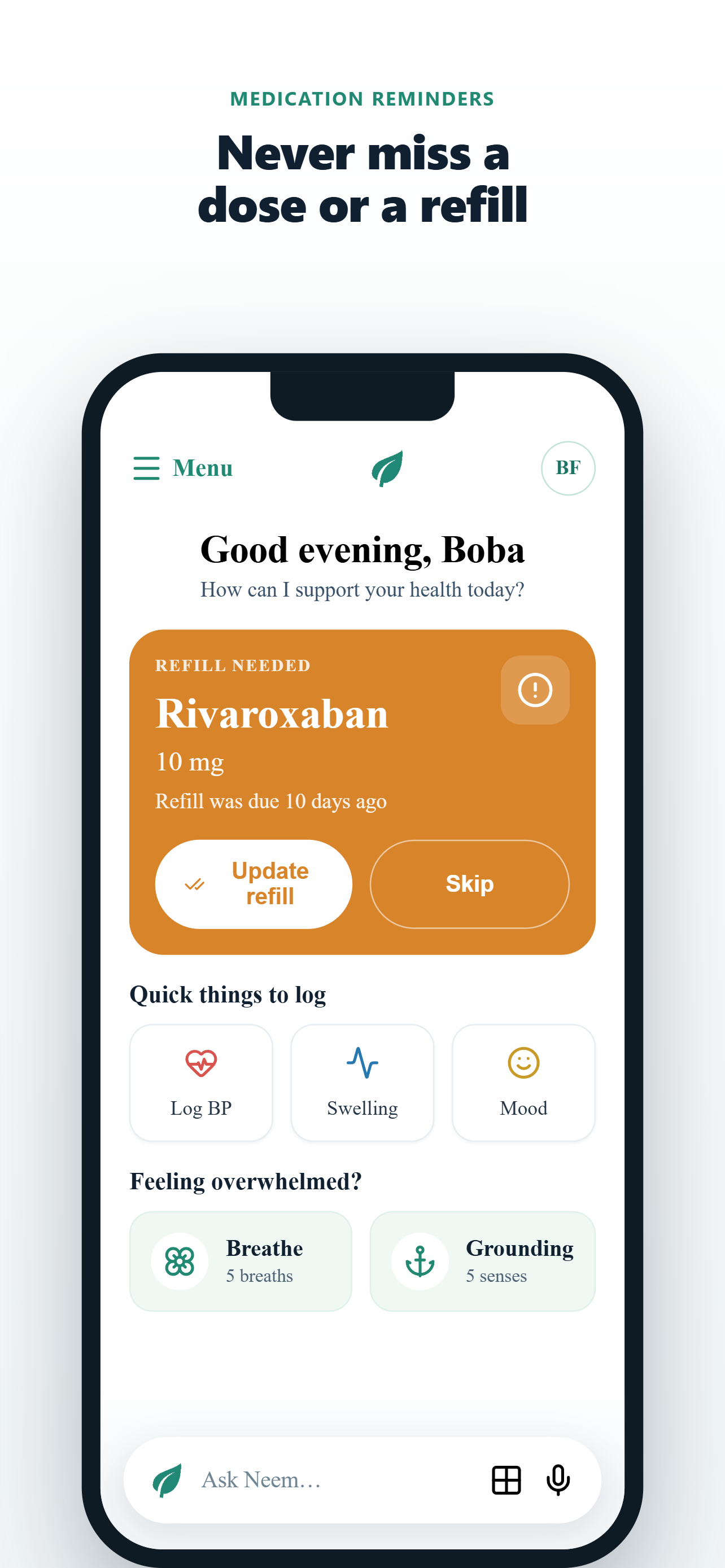 Neem daily journal with blood oxygen, steps, sleep and medication entries