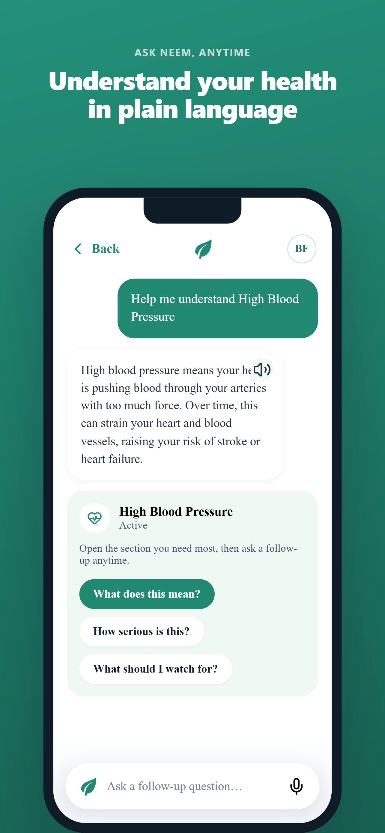 Neem plain-language health explanation screen