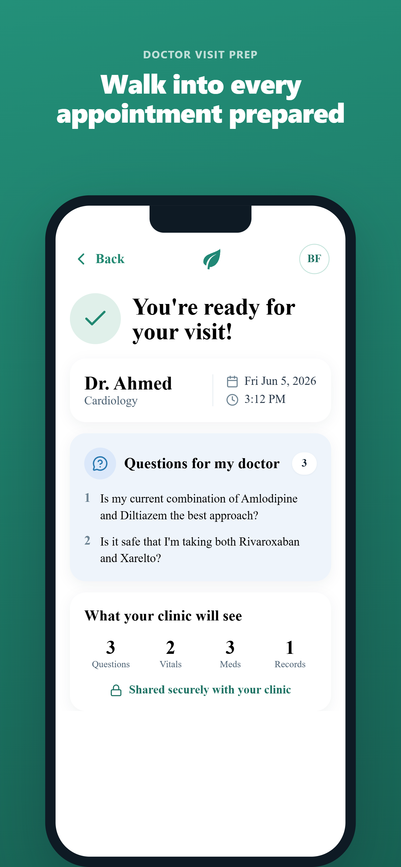 Neem visit preparation screen with questions for the doctor and clinic sharing summary