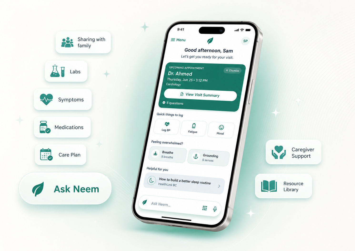 Neem visit preparation screen with questions for the doctor and clinic sharing summary