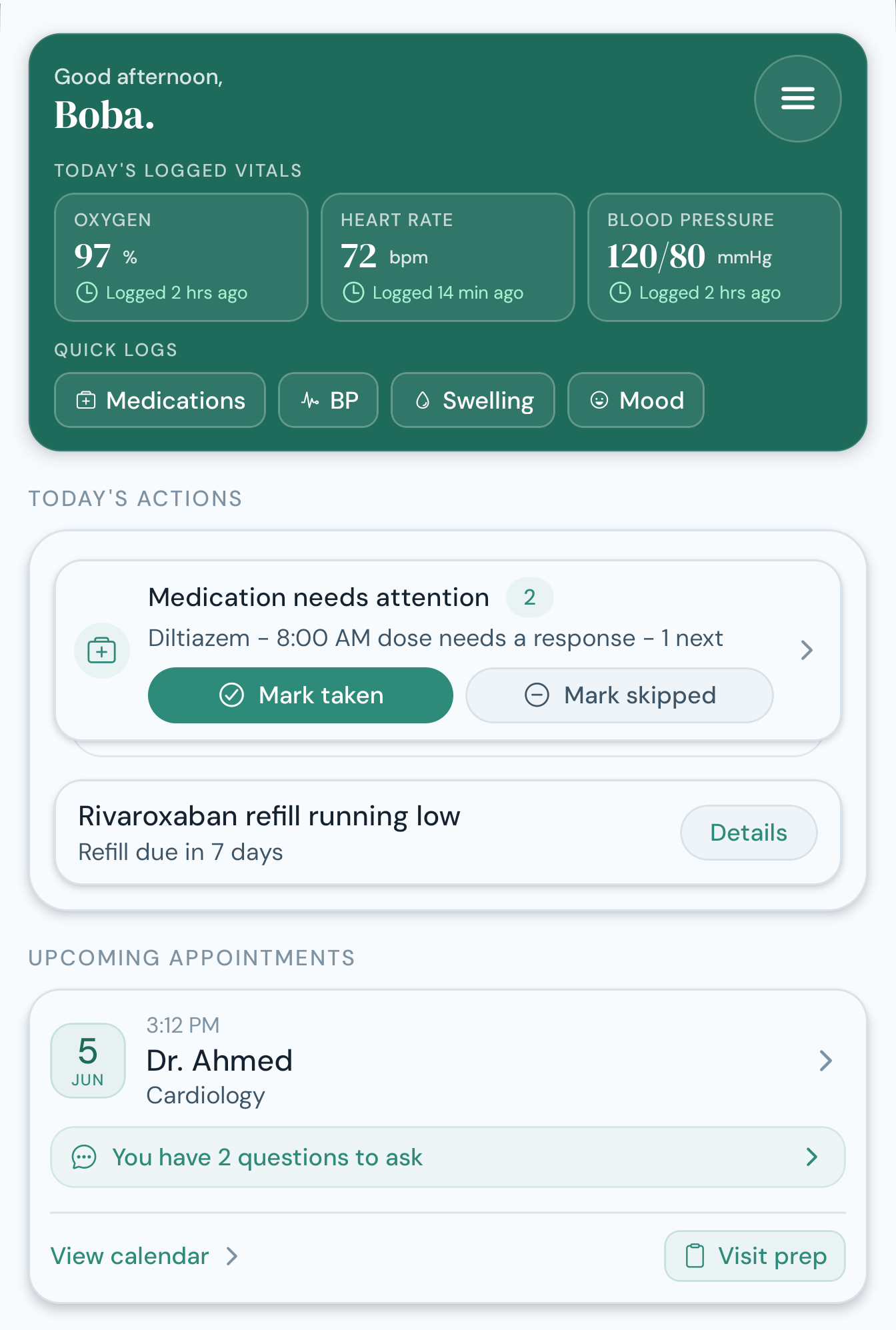 Neem Health Today screen showing daily vitals, medication actions, refill reminders, and appointments