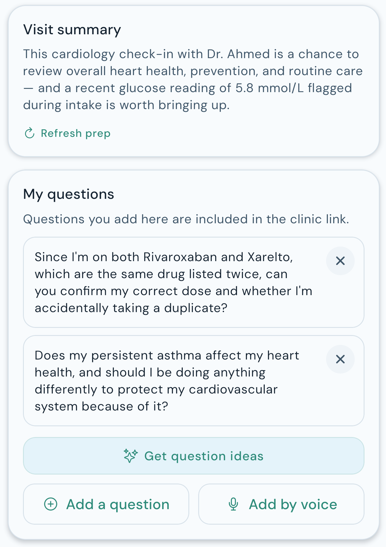 Neem Health Visit Prep screen showing visit summary and patient questions before an appointment