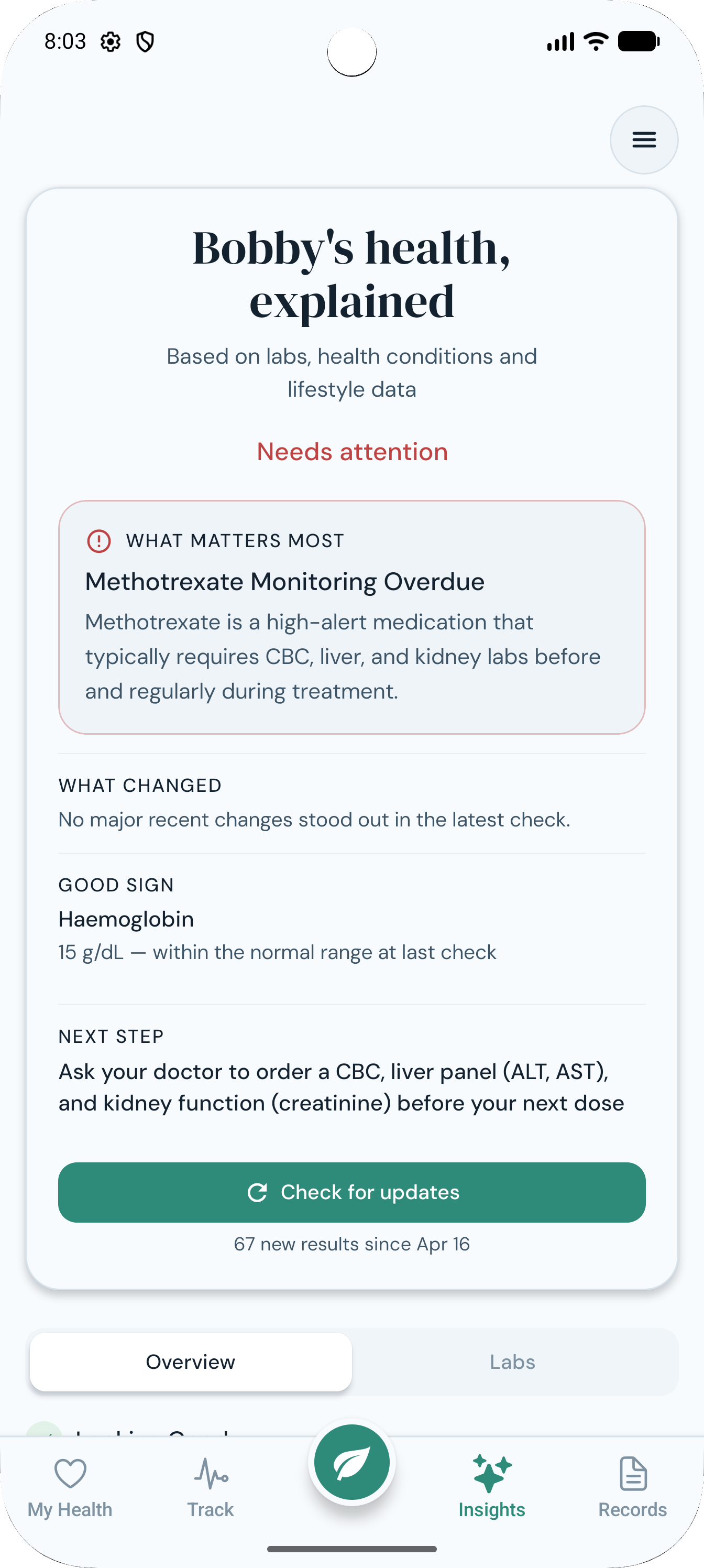 Neem Health AI caregiver check-in showing how mom is doing